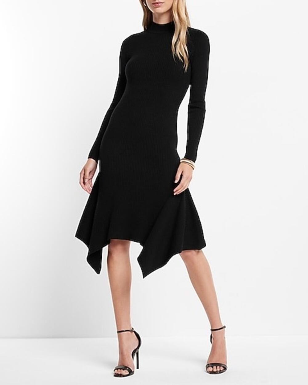 Express Black Ribbed Knit Long Sleeve Mock Neck Asymmetric Sweater Midi Dress M